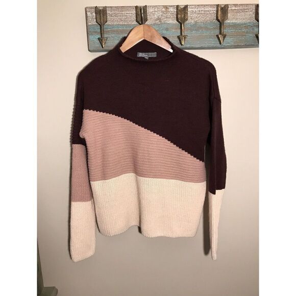 89th & Madison Colorblock Sweater Funnel Neck Size Medium Burgundy Pink - Picture 2 of 4